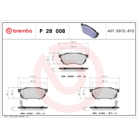 BREMBO P 28 008 Pastillas de freno delantero para Civic CRX Prelude City