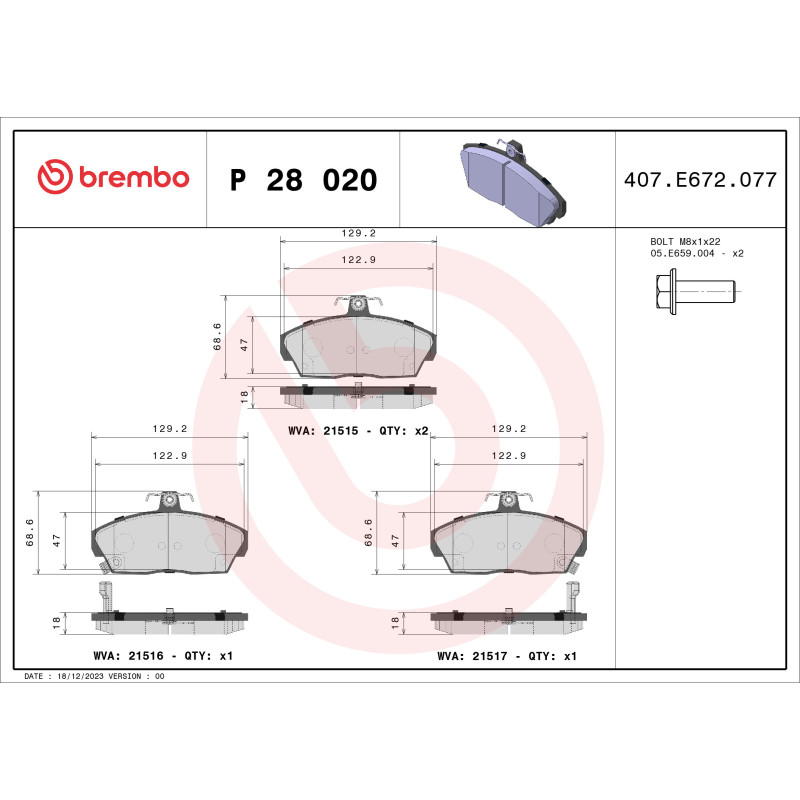 BREMBO P 28 020 Pastillas de freno delantero para 400 Civic 200 800 Concerto 45 25 MG Cabriolet