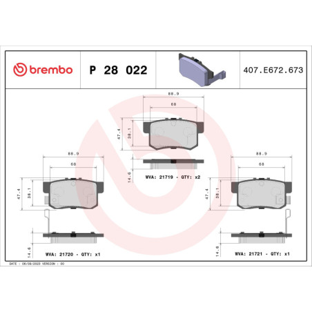 BREMBO P 28 022 Pastiglie freno posteriore per Accord Civic Legend 600 CR-Z H6 Integra Prelude