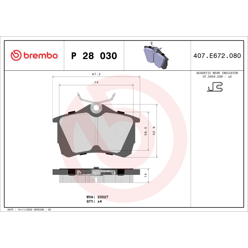 BREMBO P 28 030 Pastillas de freno trasero para Honda Accord