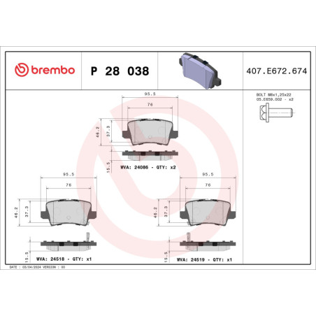 BREMBO P 28 038 Bremsbeläge Hinten für Honda Civic