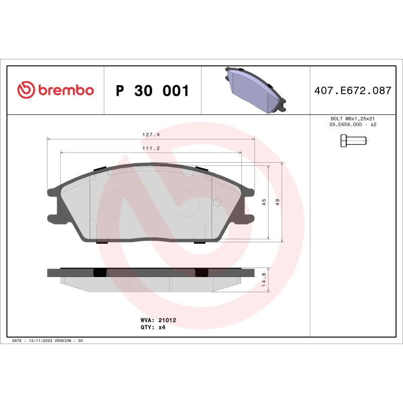 BREMBO P 30 001 Plaquettes de frein avant pour Getz Pony / Excel Accord S Coupe Stellar