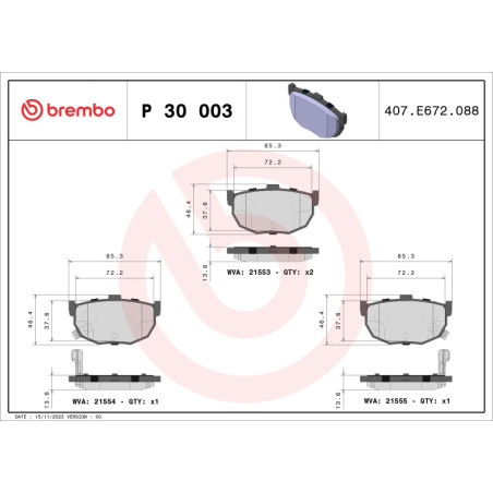 BREMBO P 30 003 Bremsbeläge Hinten für Elantra Lantra Cerato Coupe Tiburon Bluebird Maxima