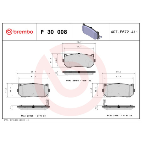 BREMBO P 30 008 Bremsbeläge Hinten für Shuma Carens Clarus Cerato