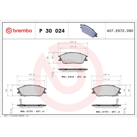 BREMBO P 30 024 Plaquettes de frein avant pour Accent Getz Pony / Excel S Coupe Lantra