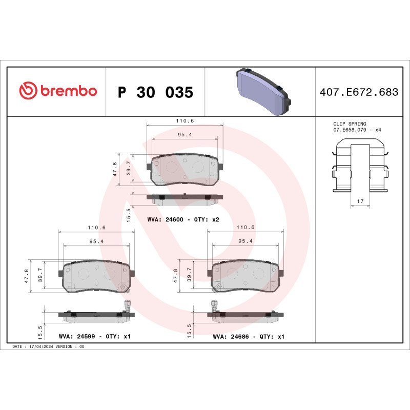BREMBO P 30 035 Klocki hamulcowe tył dla Sorento Carnival H-1 ix55