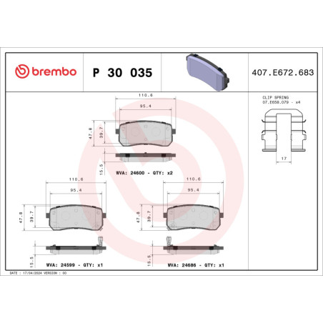 BREMBO P 30 035 Pastiglie freno posteriore per Sorento Carnival H-1 ix55