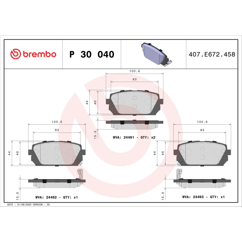 BREMBO P 30 040 Plaquettes de frein arrière pour Kia Carens