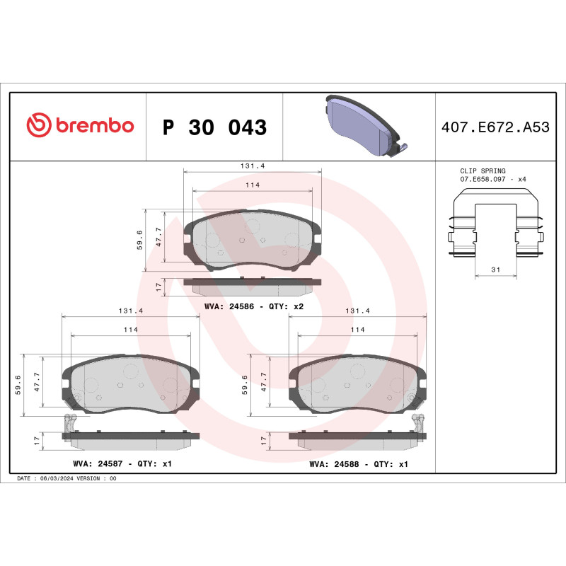 BREMBO P 30 043 Brake Pads Set Front for Sonata Magentis