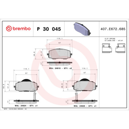 BREMBO P 30 045 Brzdové destičky přední pro Hyundai i20 i10