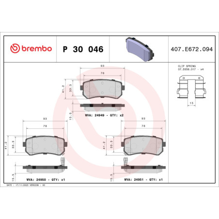 BREMBO P 30 046 Brzdové platničky zadné pre Hyundai i20 ix20