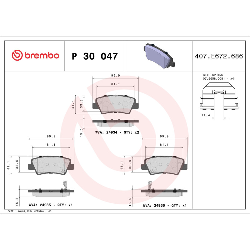 BREMBO P 30 047 Brzdové platničky zadné pre Sonata Korando Tucson Elantra Soul Actyon Opirus