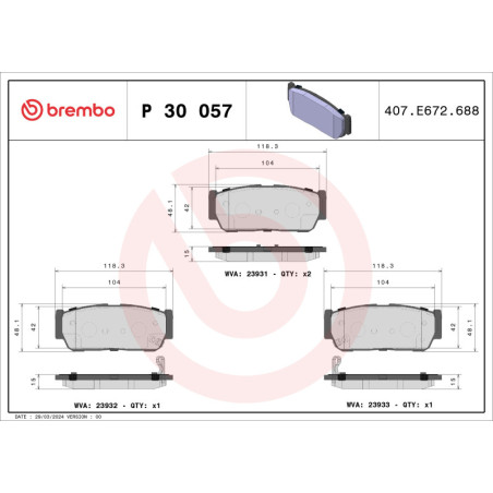 BREMBO P 30 057 Plaquettes de frein arrière pour Rodius Rexton Sorento Kyron Stavic