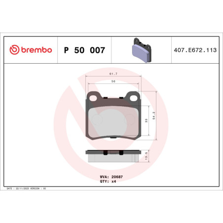 BREMBO P 50 007 Brake Pads Set Rear for Mercedes 190