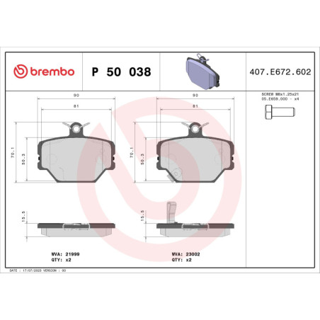 BREMBO P 50 038 Plaquettes de frein avant pour Fortwo City-Coupe Cabrio Roadster Crossblade