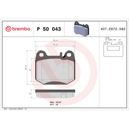 BREMBO P 50 043 Brake Pads Set Rear for M Quattroporte