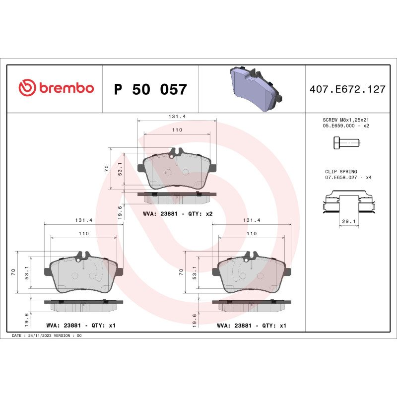 BREMBO P 50 057 Plaquettes de frein avant pour Mercedes B A