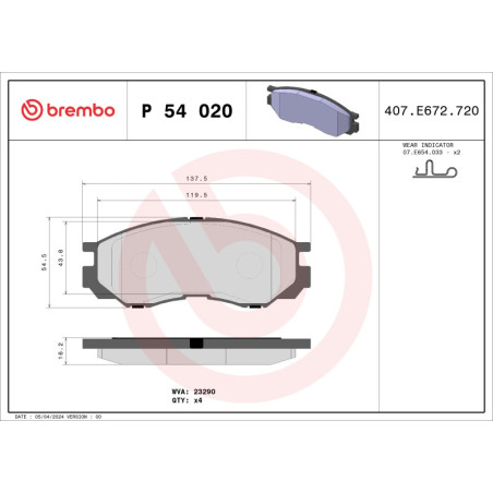 BREMBO P 54 020 Klocki hamulcowe przód dla Mitsubishi L 200 400 300 Delica / Space Gear
