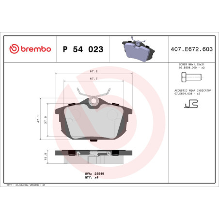 BREMBO P 54 023 Brzdové platničky zadné pre Carisma S40 V40 Colt CZC Space Star Forfour Impian