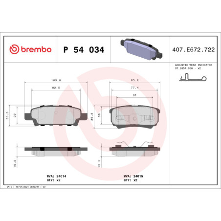 BREMBO P 54 034 Klocki hamulcowe tył dla Lancer Compass Patriot Avenger Caliber Outlander Sebring