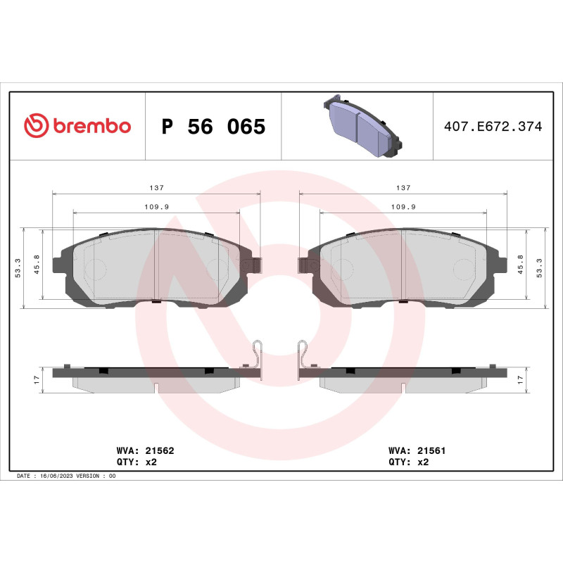 BREMBO P 56 065 Klocki hamulcowe przód dla Juke Tiida Teana Sentra G Pulsar Skyline Maxima Altima