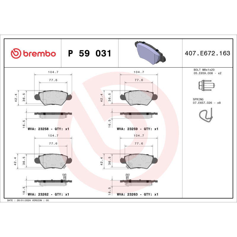BREMBO P 59 031 Bremsbeläge Hinten für Astra Zafira Astravan Corsa