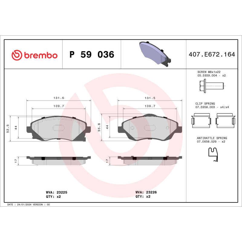 BREMBO P 59 036 Brake Pads Set Front for Corsa Combo Corsavan Tigra Meriva