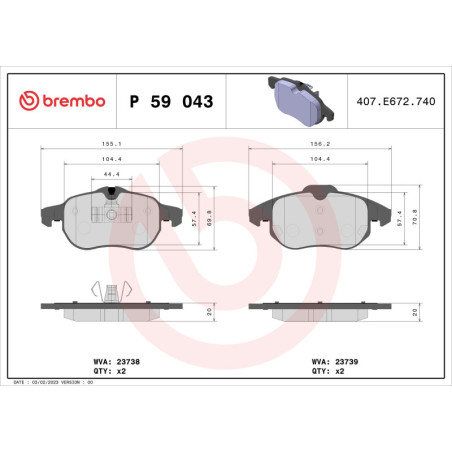 BREMBO P 59 043 Pastiglie freno anteriore per 9-3 Vectra Signum BLS Croma 9-3X Astra Zafira