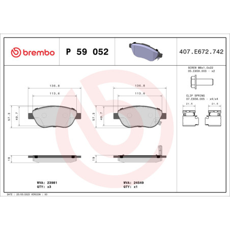 BREMBO P 59 052 Pastillas de freno delantero para Corsa 500L Corsavan