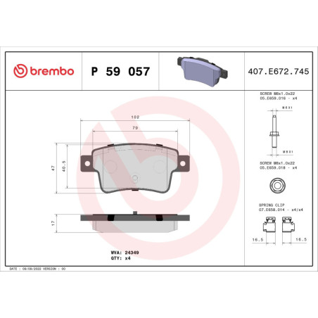 BREMBO P 59 057 Plaquettes de frein arrière pour Corsa Corsavan
