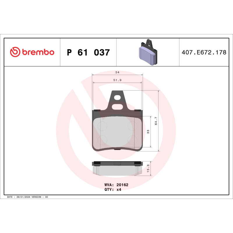 BREMBO P 61 037 Brake Pads Set Rear for Citroen XM Xantia