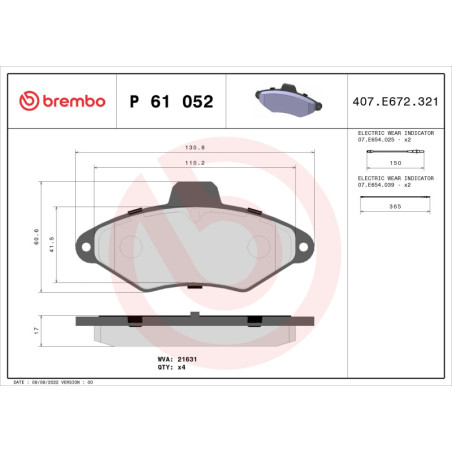 BREMBO P 61 052 Bremsbeläge Vorne für Citroen Xantia