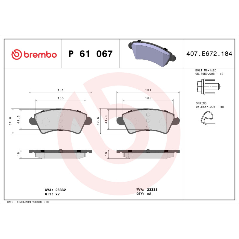 BREMBO P 61 067 Plaquettes de frein avant pour 206 Xsara