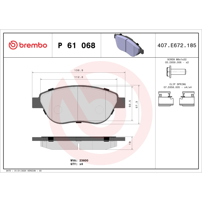 BREMBO P 61 068 Brzdové destičky přední pro 307 207 C4 Xsara Picasso Partner Berlingo C3 1007 206