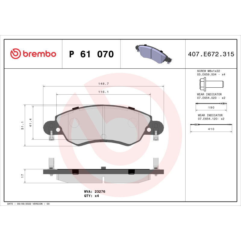 BREMBO P 61 070 Bremsbeläge Vorne für Citroen C5