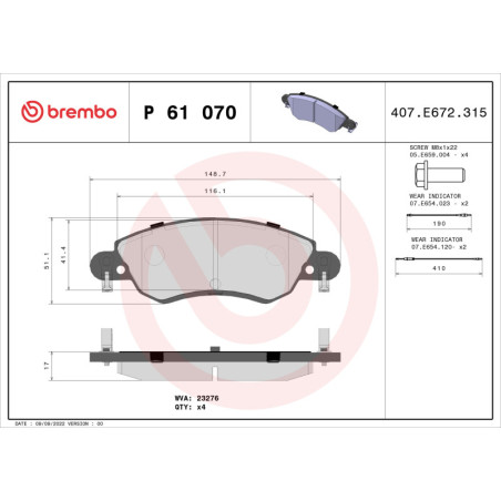 BREMBO P 61 070 Klocki hamulcowe przód dla Citroen C5