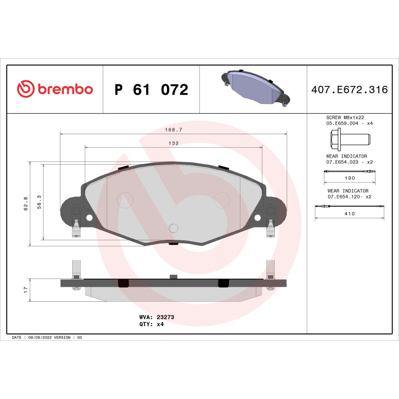 BREMBO P 61 072 Brake Pads Set Front for Citroen C5