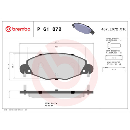 BREMBO P 61 072 Bremsbeläge Vorne für Citroen C5