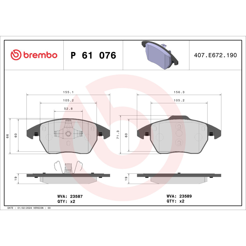 BREMBO P 61 076 Pastiglie freno anteriore per Ibiza 208 A1 308 Polo Jetta 3008 Beetle Golf 307 C4
