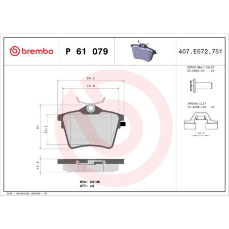 BREMBO P 61 079 Brzdové platničky zadné pre 407 C5 607