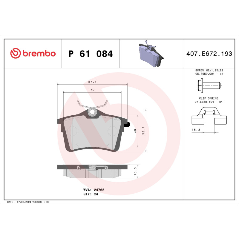 BREMBO P 61 084 Plaquettes de frein arrière pour Partner 307 Berlingo C4 308 5008 Xsara Picasso DS4
