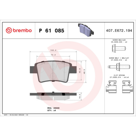 BREMBO P 61 085 Plaquettes de frein arrière pour C4 Grand Picasso Picasso 408