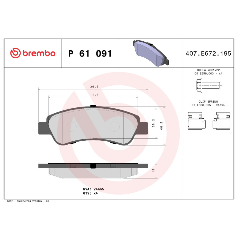 BREMBO P 61 091 Brake Pads Set Rear for Ducato Boxer JUMPER Movano