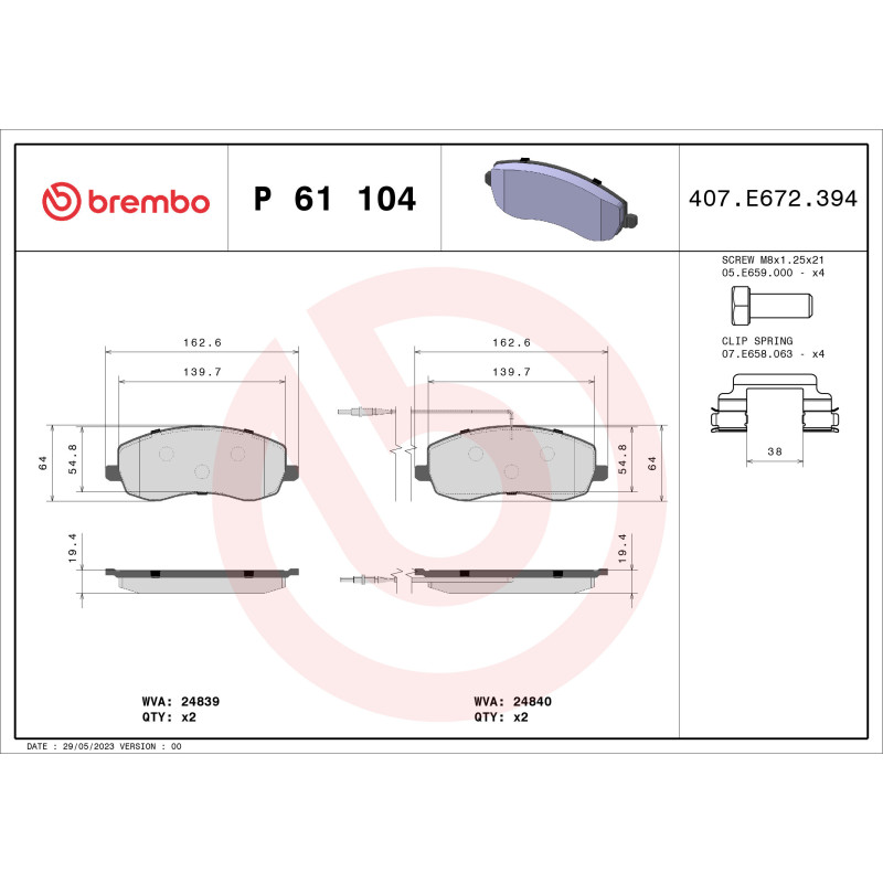 BREMBO P 61 104 Plaquettes de frein avant pour 807 C8 Phedra Ulysse