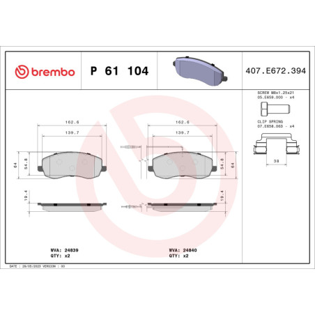 BREMBO P 61 104 Klocki hamulcowe przód dla 807 C8 Phedra Ulysse
