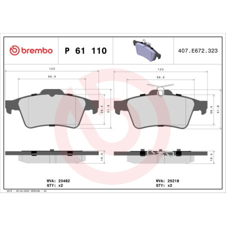 BREMBO P 61 110 Brake Pads Set Rear for Peugeot 508