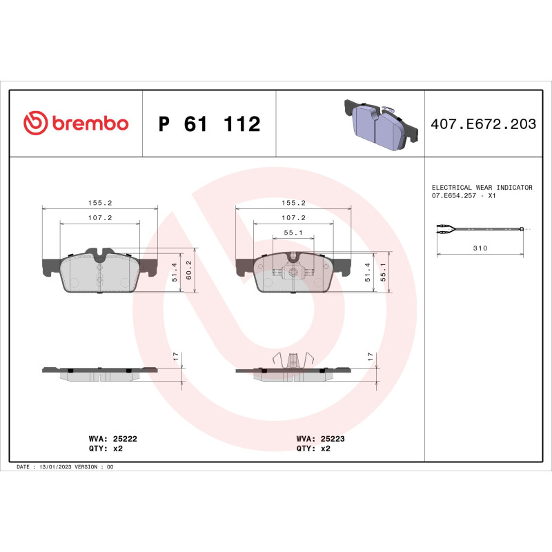 BREMBO P 61 112 Pastiglie freno anteriore per Peugeot 508