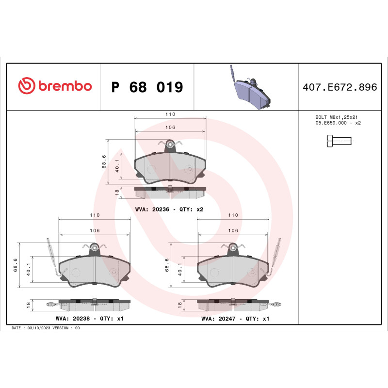 BREMBO P 68 019 Plaquettes de frein avant pour Renault Espace