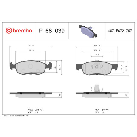 BREMBO P 68 039 Brake Pads Set Front for Logan Largus