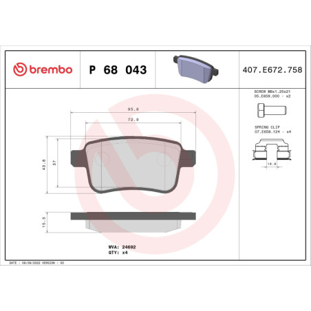BREMBO P 68 043 Brake Pads Set Rear for Renault Kangoo
